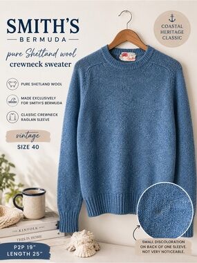 Smith’s Bermuda Pure Shetland Wool Blue Crewneck Sweater Size 40 US Mens Small